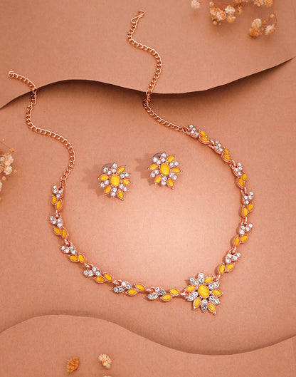 Yellow Rose Gold Choker Necklace Set With Stud Earring