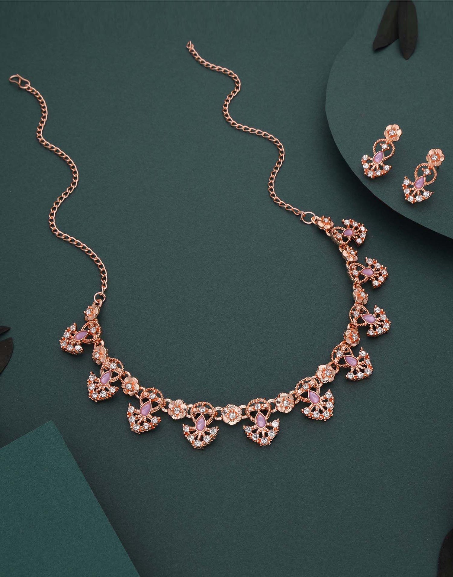 Lavender Rose Gold Choker Necklace Set With Stud Earring