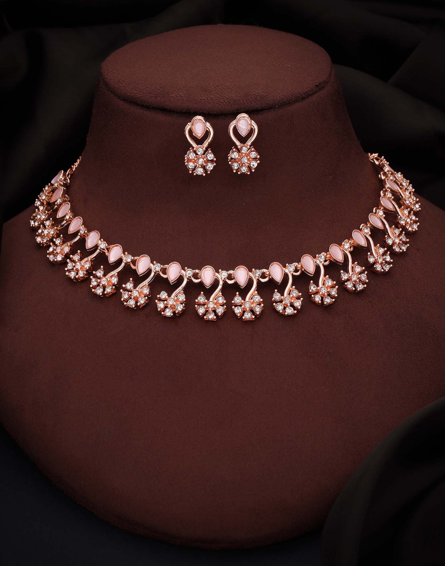 Pink Rose Gold Choker Necklace Set With Stud Earring