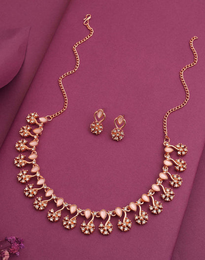 Pink Rose Gold Choker Necklace Set With Stud Earring