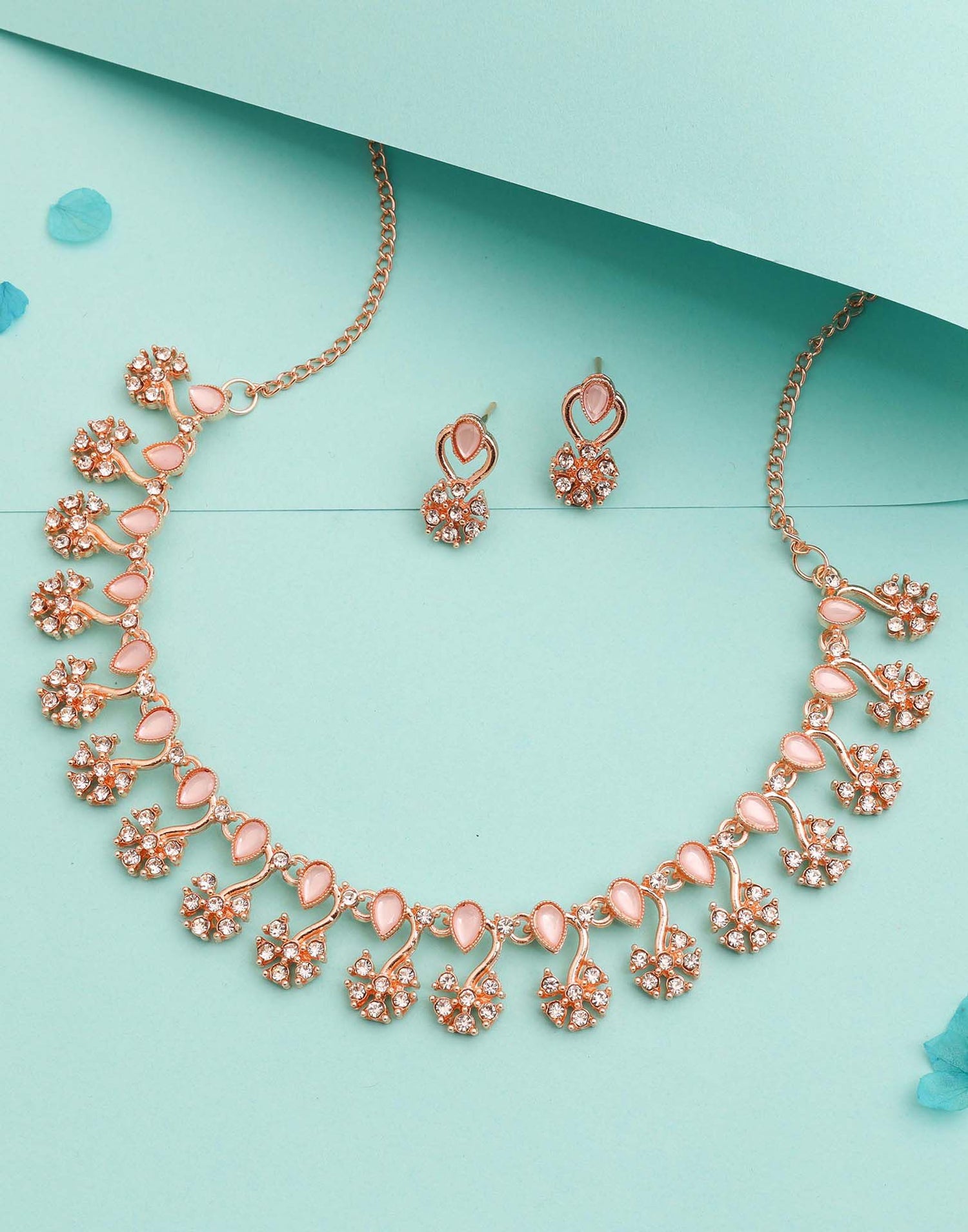 Pink Rose Gold Choker Necklace Set With Stud Earring