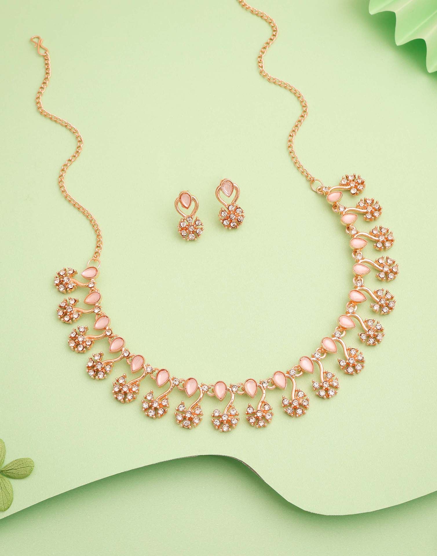 Pink Rose Gold Choker Necklace Set With Stud Earring