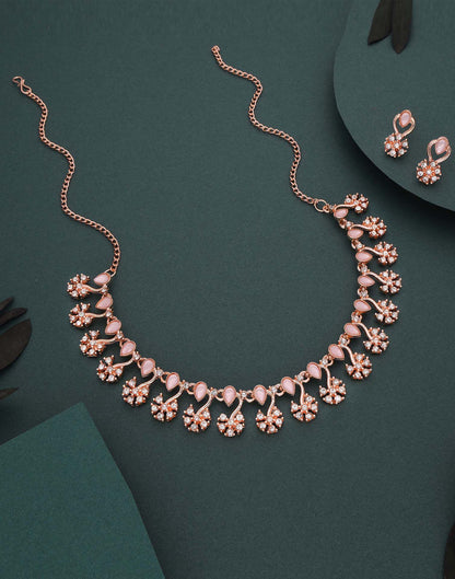 Pink Rose Gold Choker Necklace Set With Stud Earring