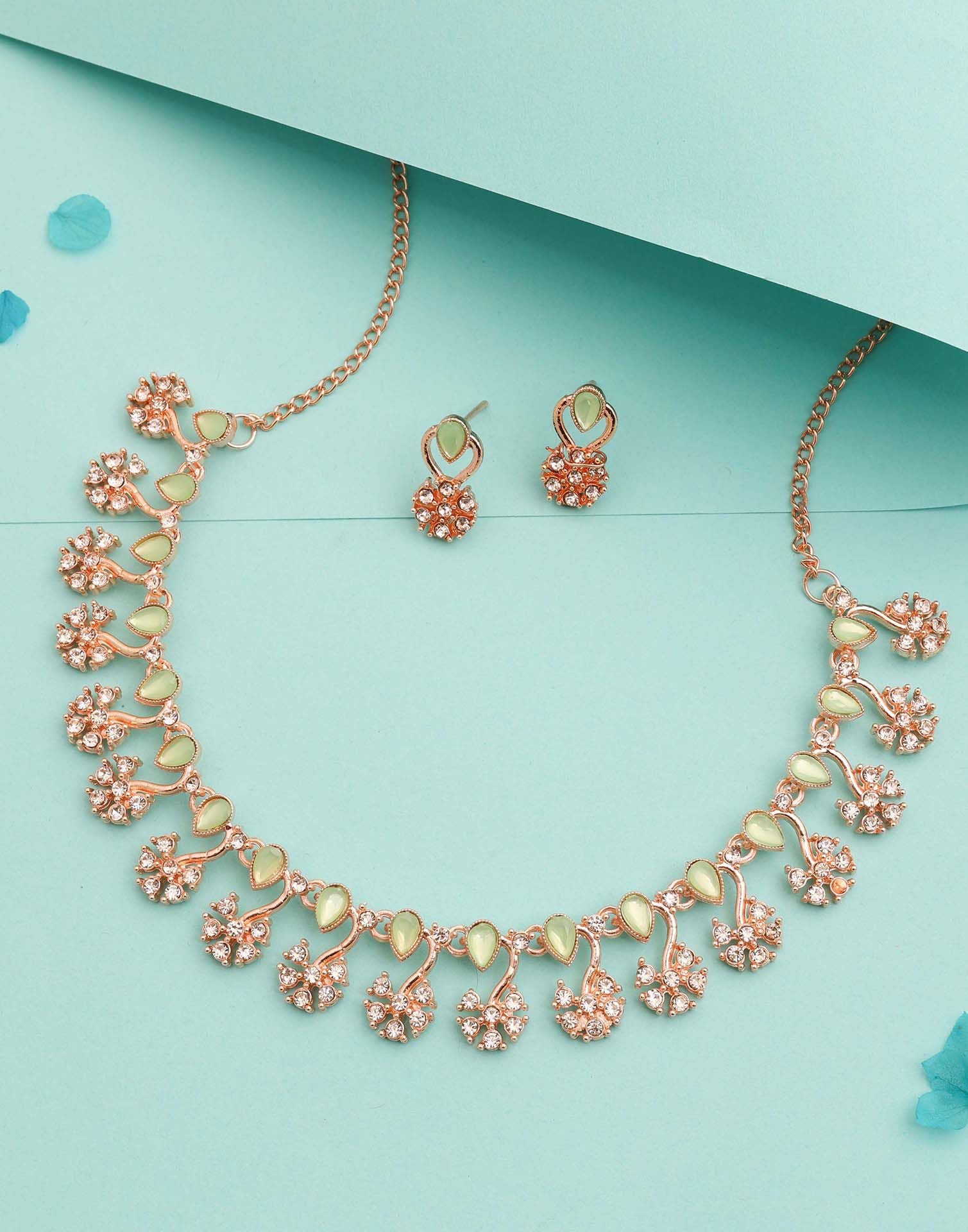 Green Rose Gold Choker Necklace Set With Stud Earring