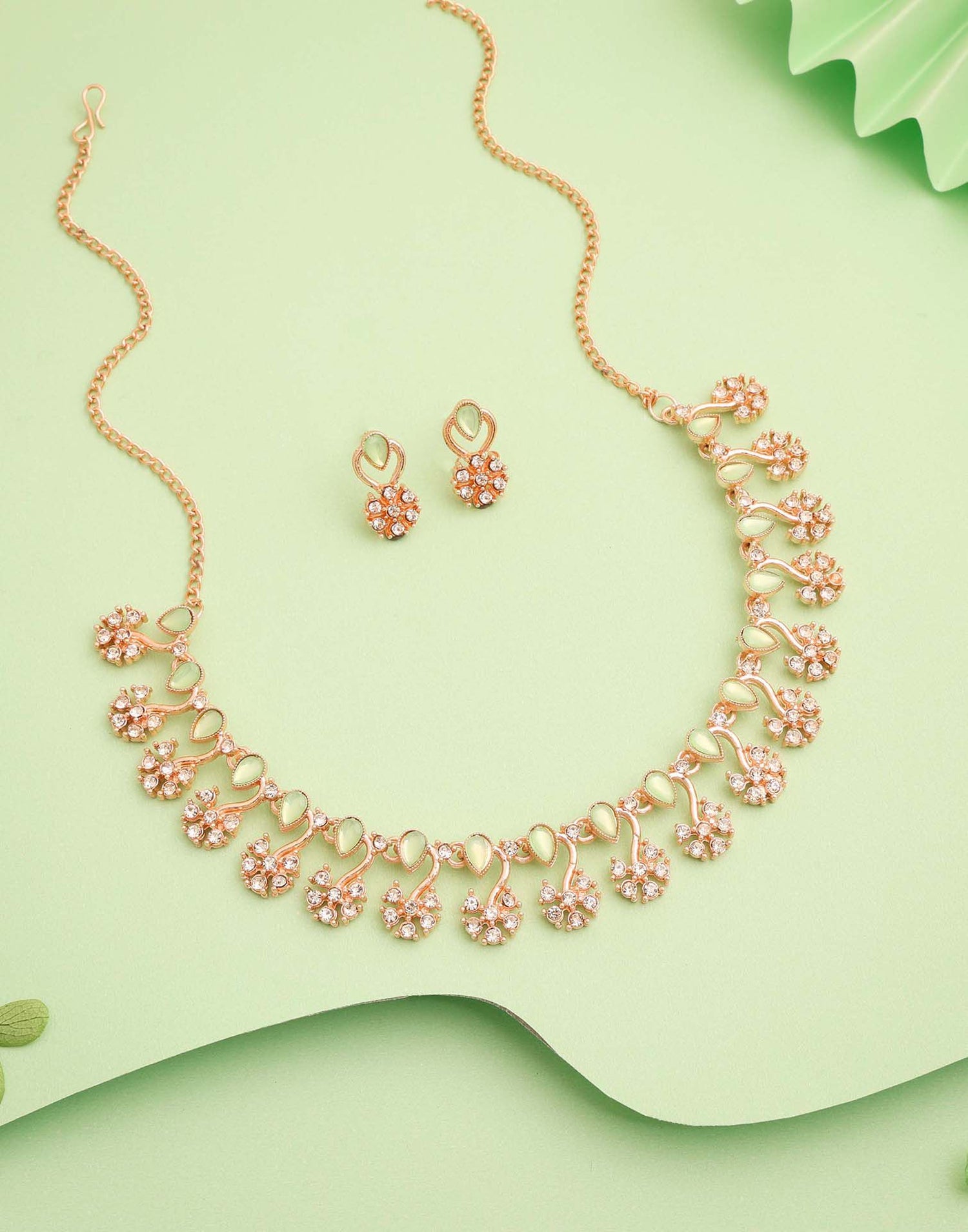 Green Rose Gold Choker Necklace Set With Stud Earring