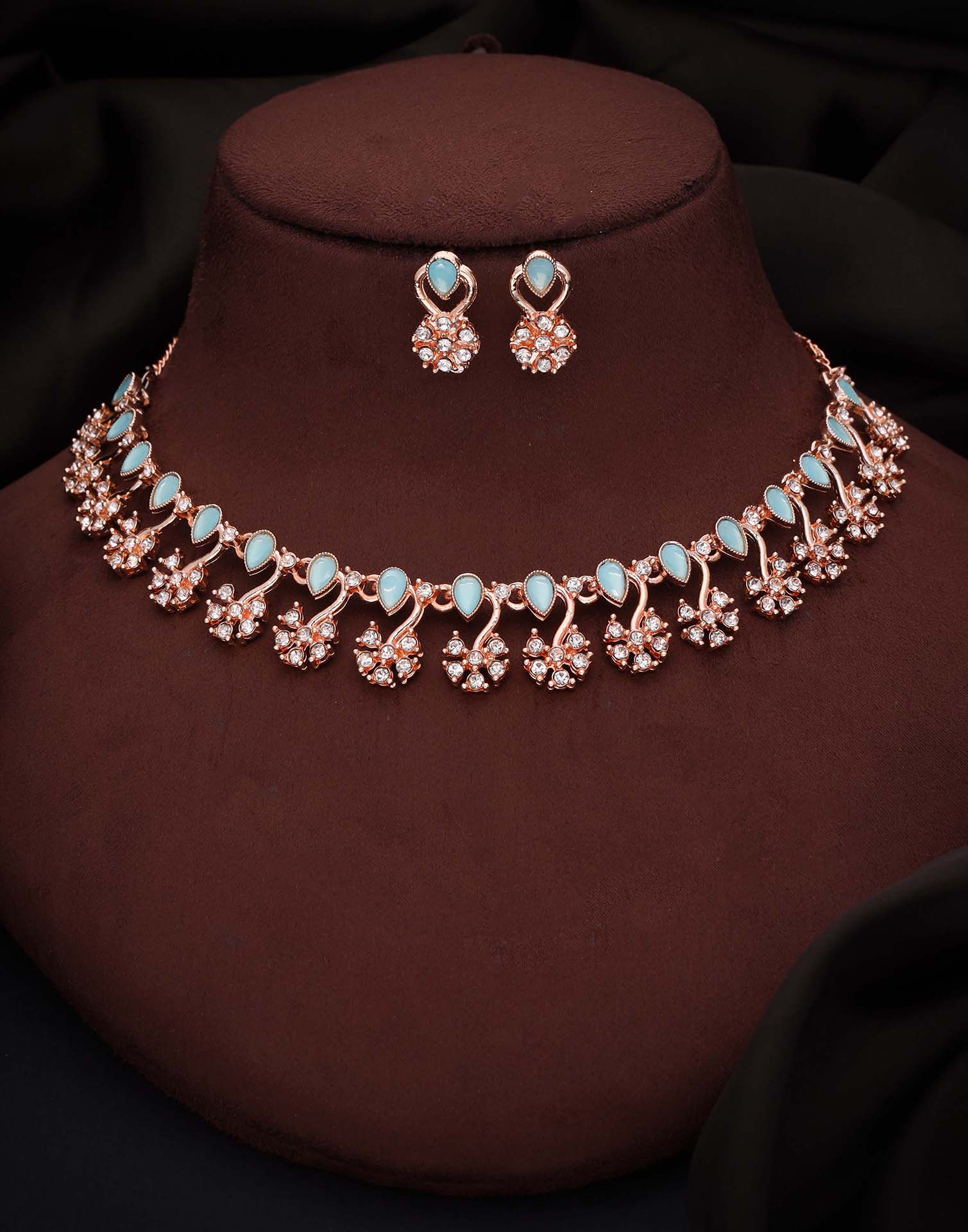 Blue Rose Gold Choker Necklace Set With Stud Earring