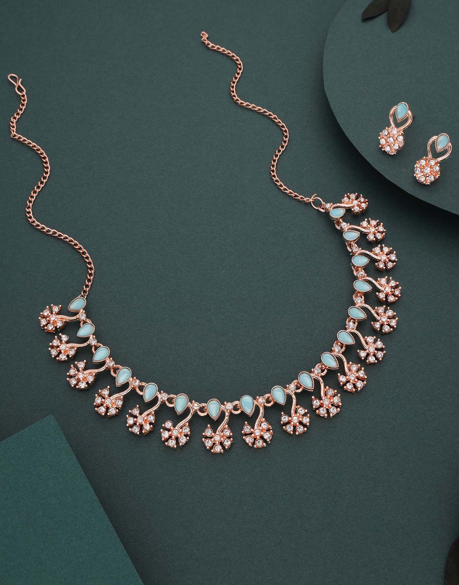 Blue Rose Gold Choker Necklace Set With Stud Earring