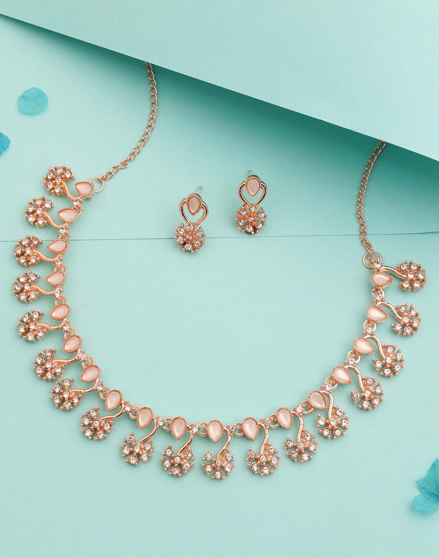 White Rose Gold Choker Necklace Set With Stud Earring