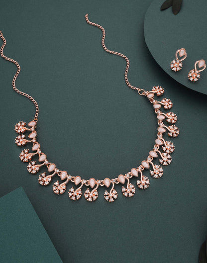 White Rose Gold Choker Necklace Set With Stud Earring