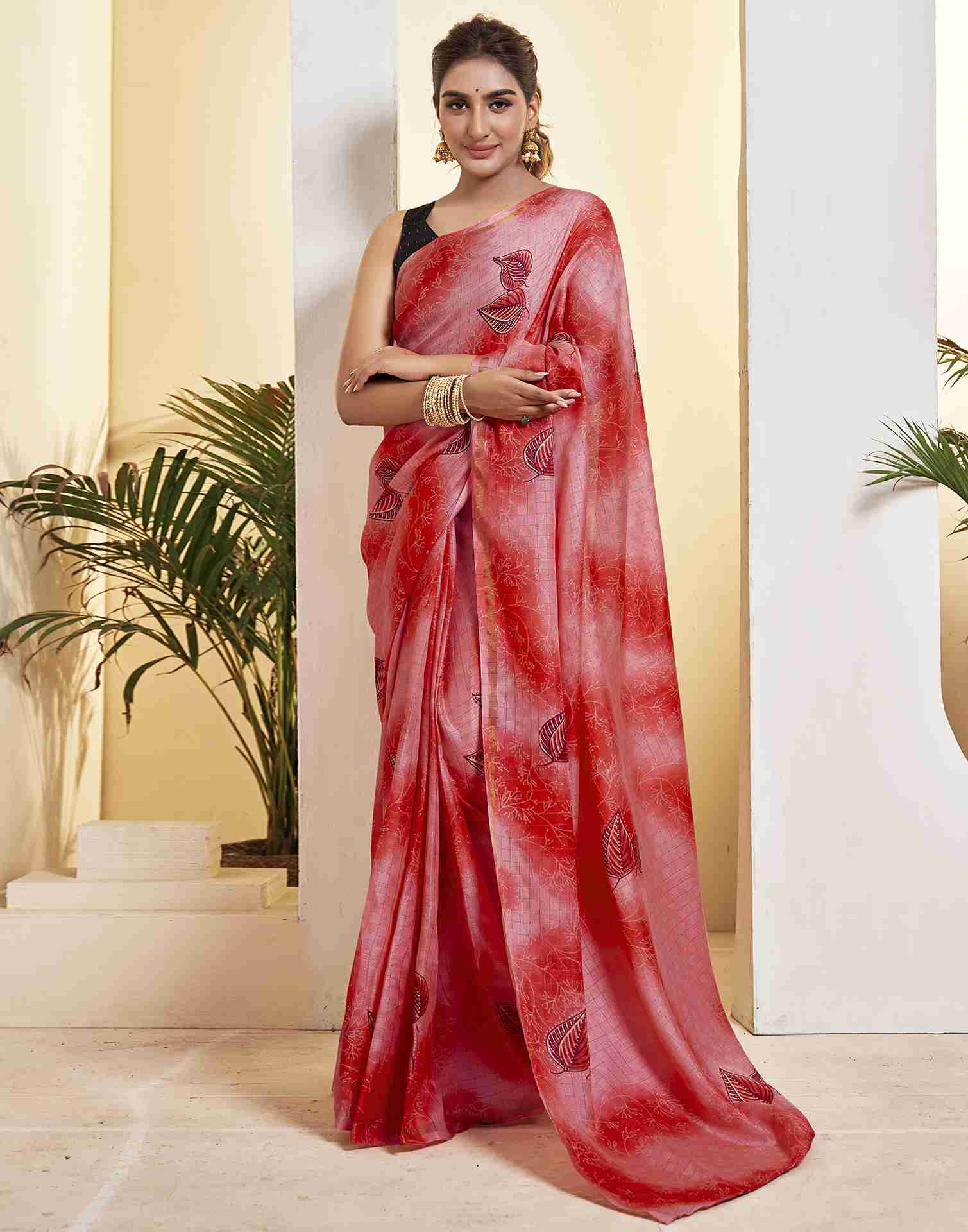 Ready To Wear Light Red Silk Printed Saree