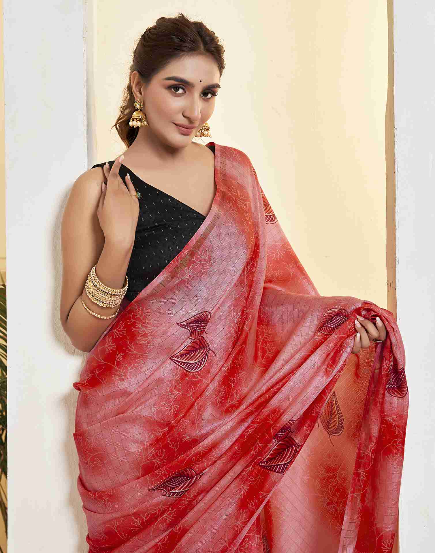 Ready To Wear Light Red Silk Printed Saree