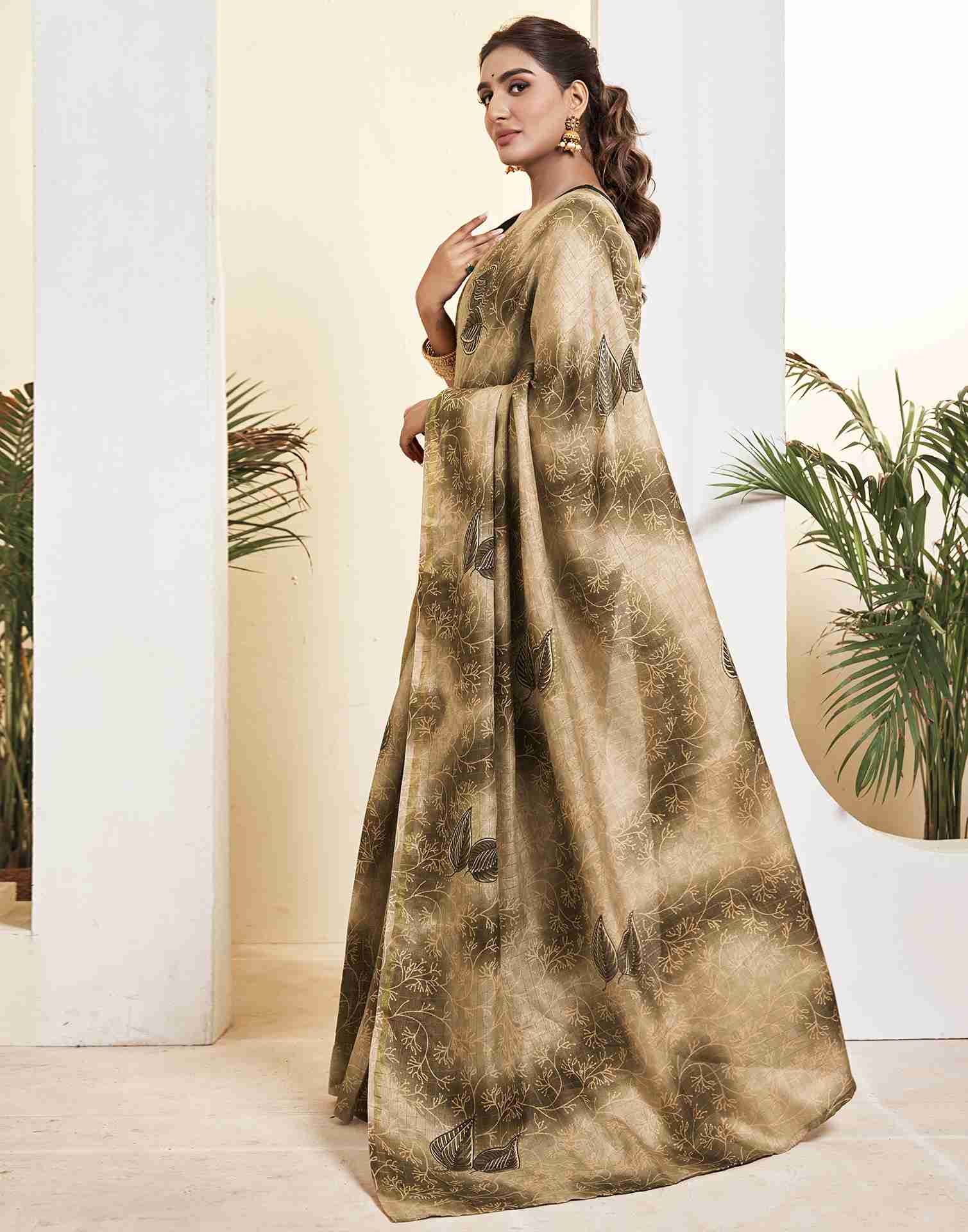 Ready To Wear Khaki Silk Printed Saree