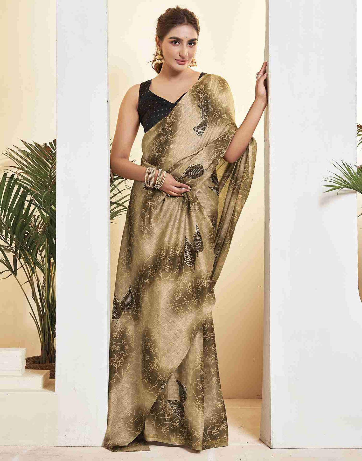 Ready To Wear Khaki Silk Printed Saree