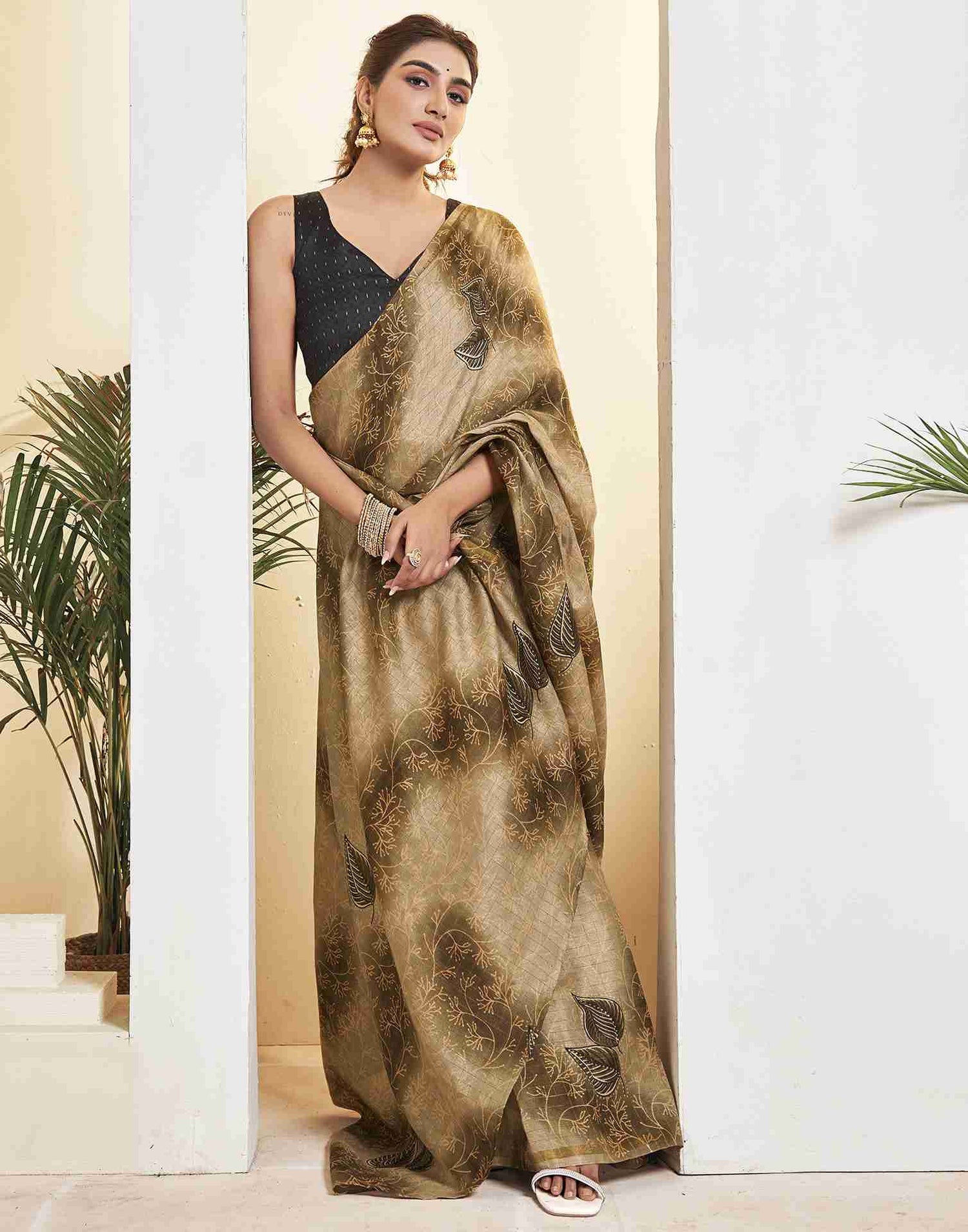 Ready To Wear Khaki Silk Printed Saree