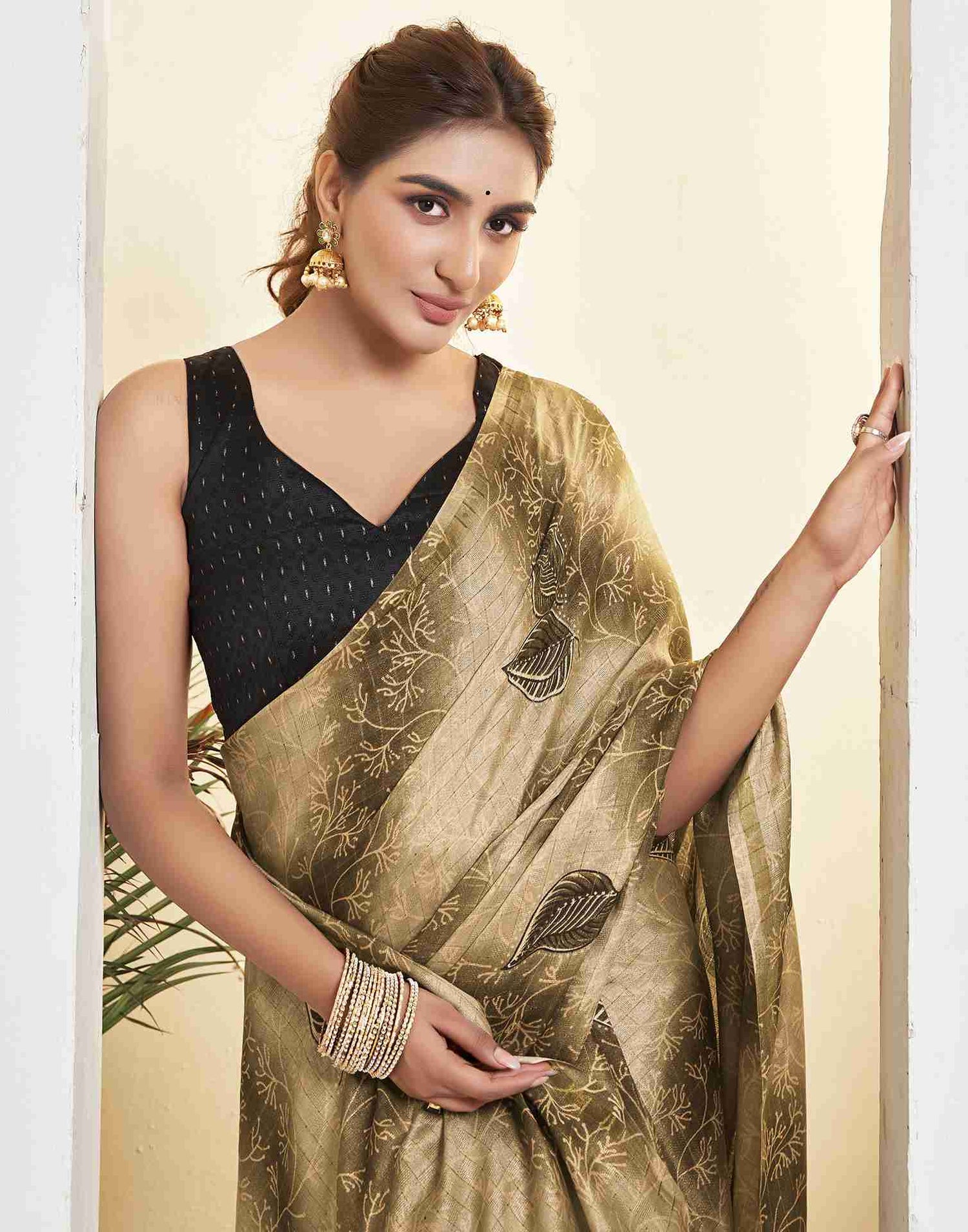 Ready To Wear Khaki Silk Printed Saree