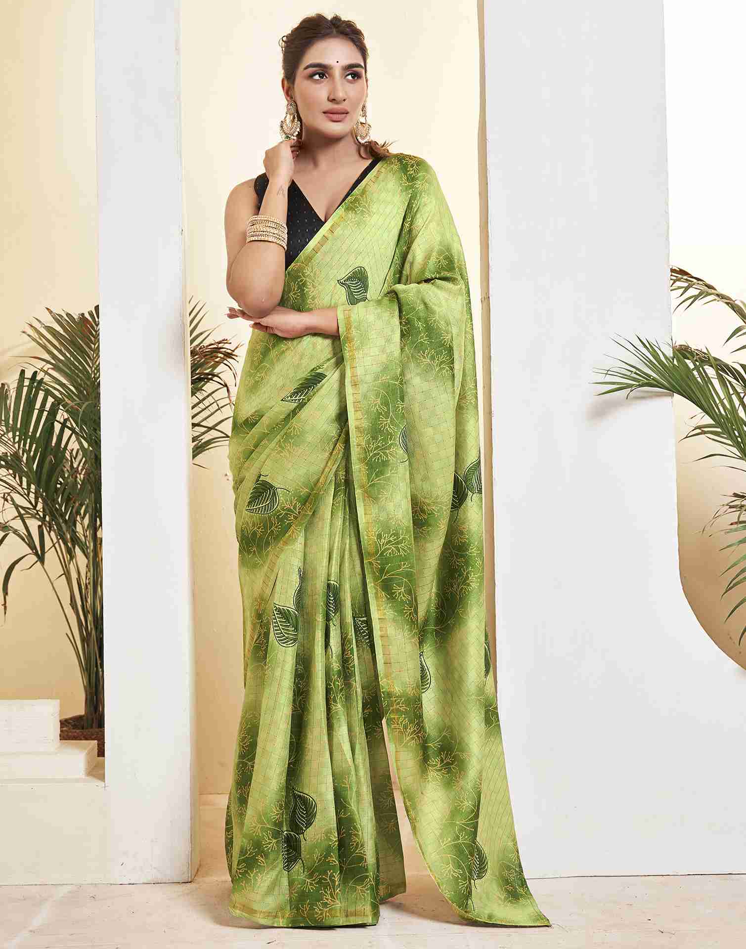 Ready To Wear Green Silk Printed Saree