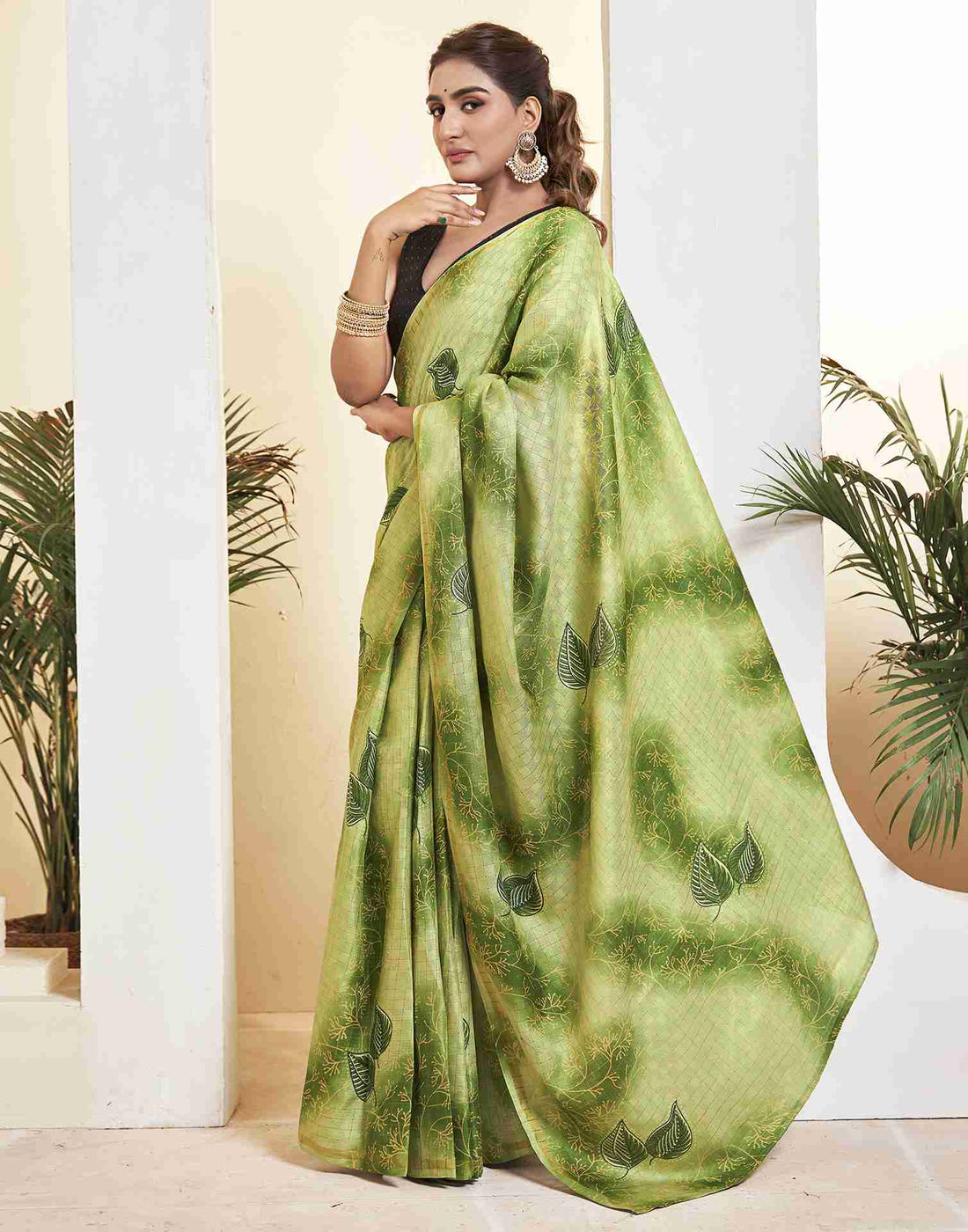 Ready To Wear Green Silk Printed Saree