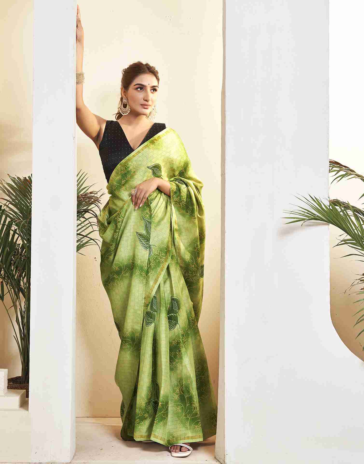 Ready To Wear Green Silk Printed Saree