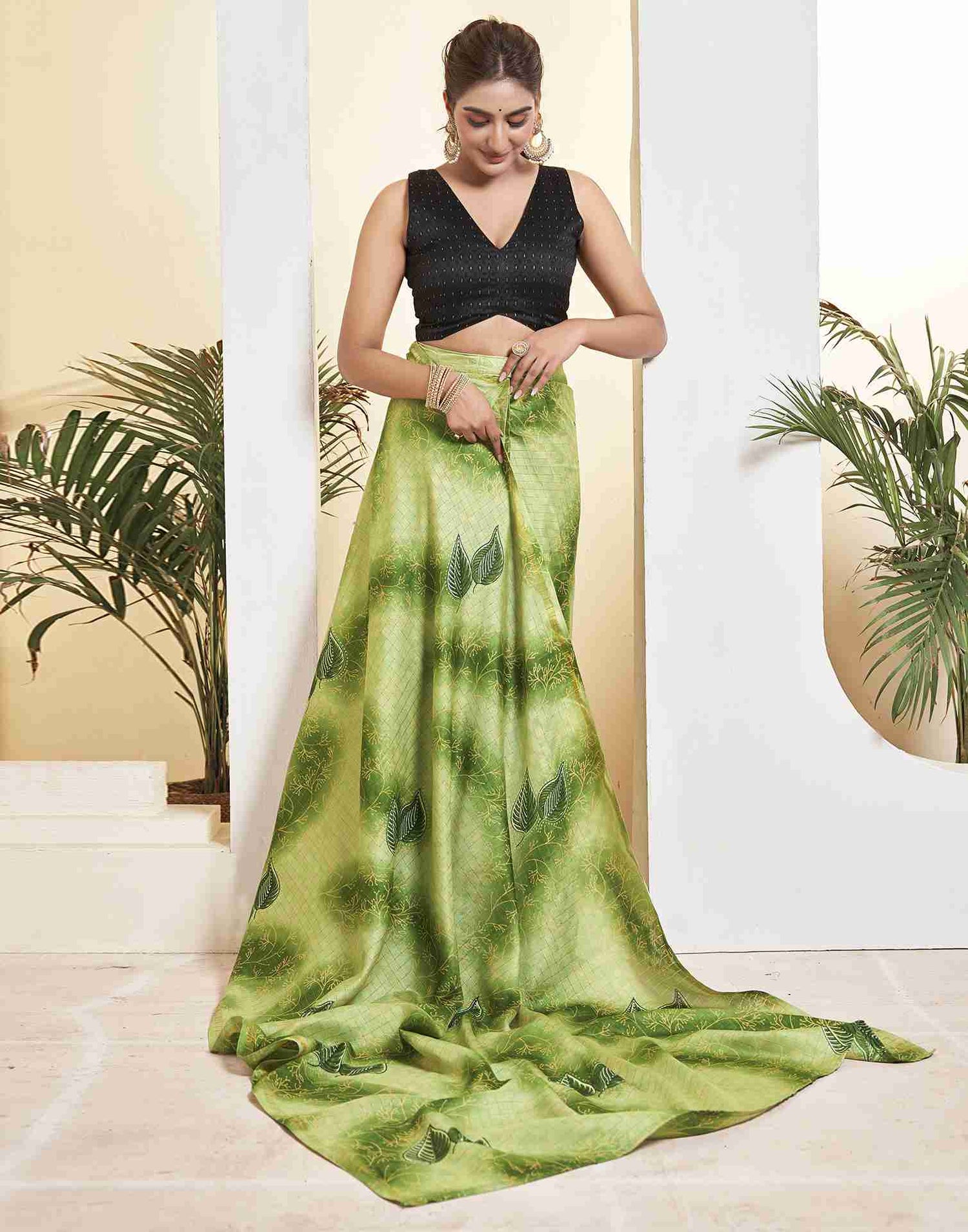 Ready To Wear Green Silk Printed Saree