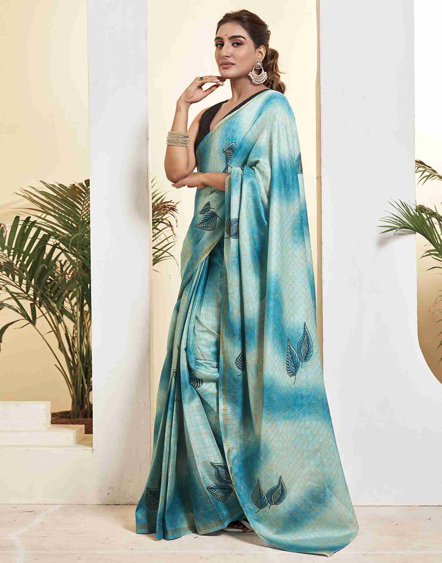 Ready To Wear Blue Silk Printed Saree