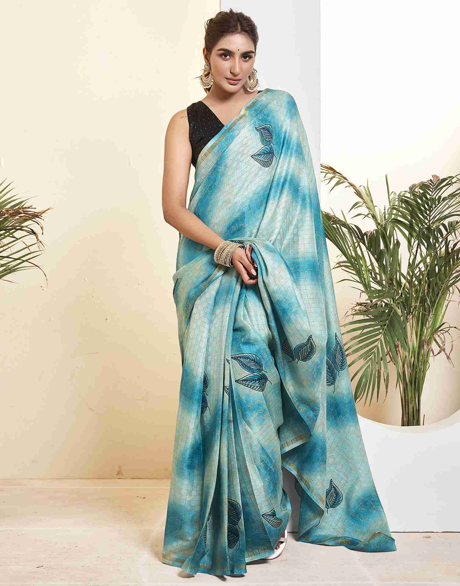 Ready To Wear Blue Silk Printed Saree