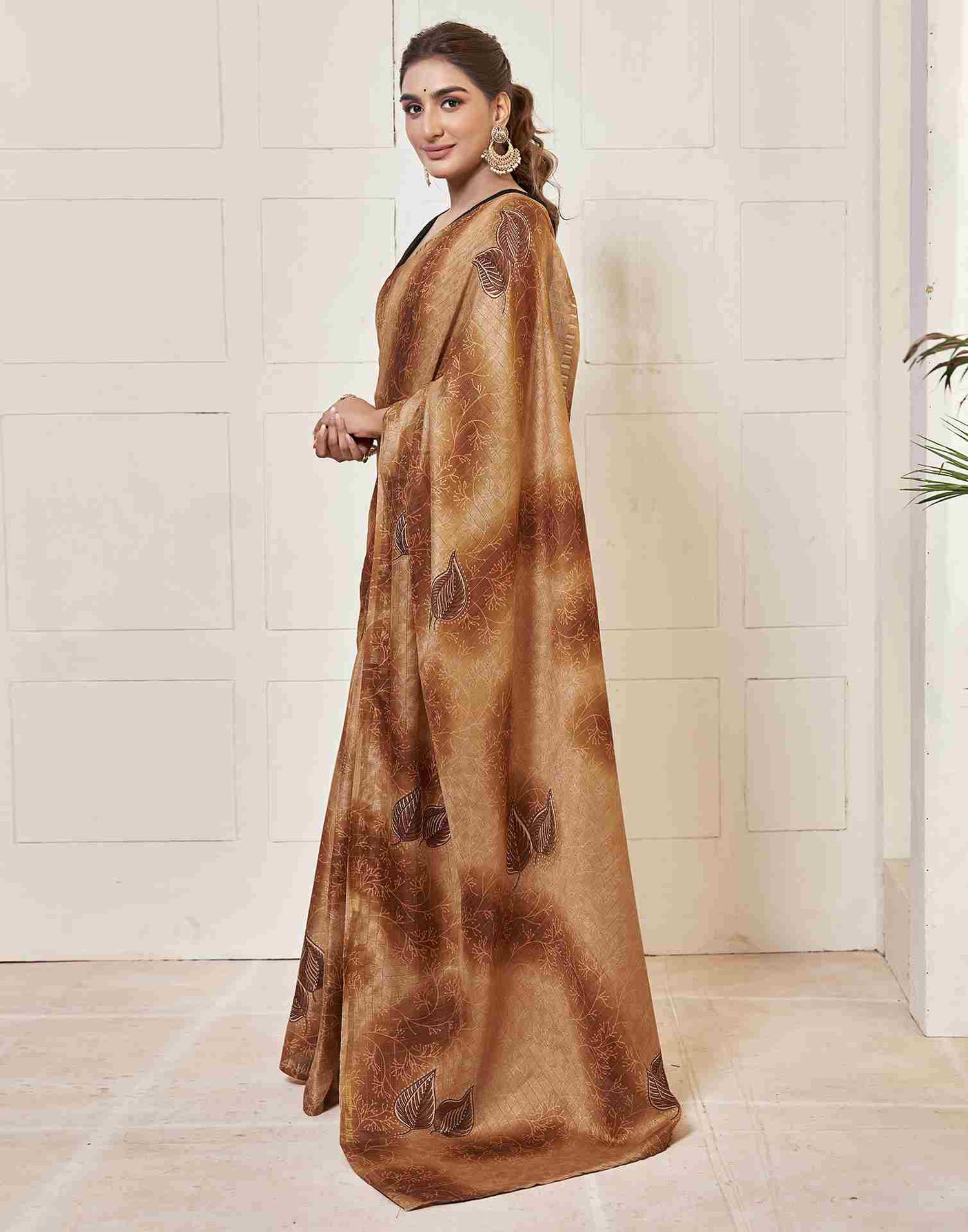 Ready To Wear Chestnut Brown Silk Printed Saree