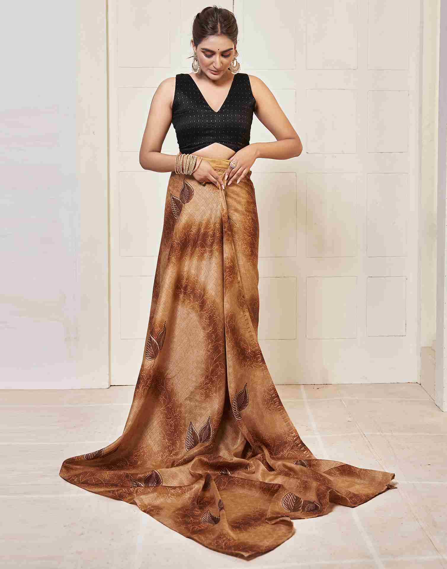 Ready To Wear Chestnut Brown Silk Printed Saree