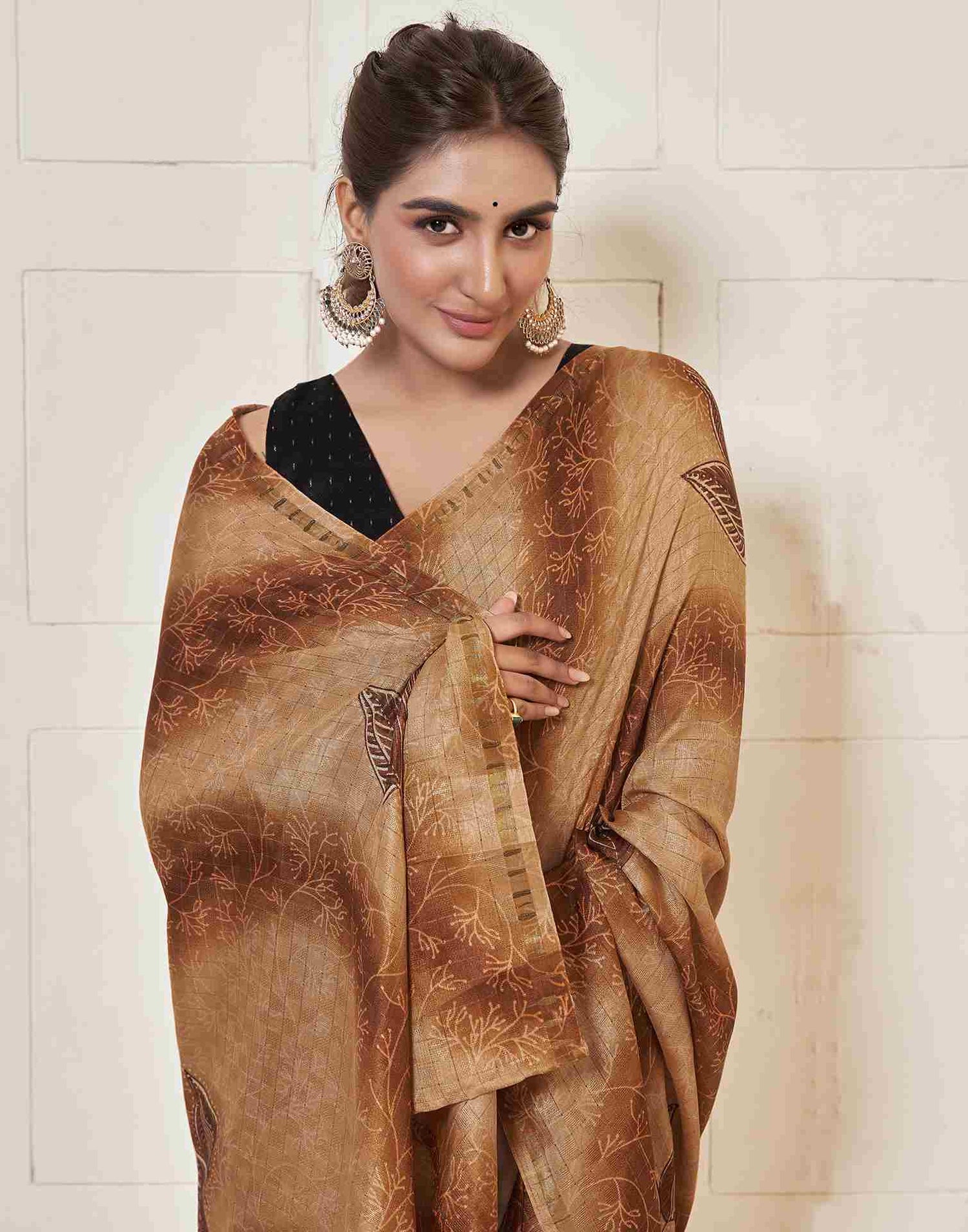 Ready To Wear Chestnut Brown Silk Printed Saree