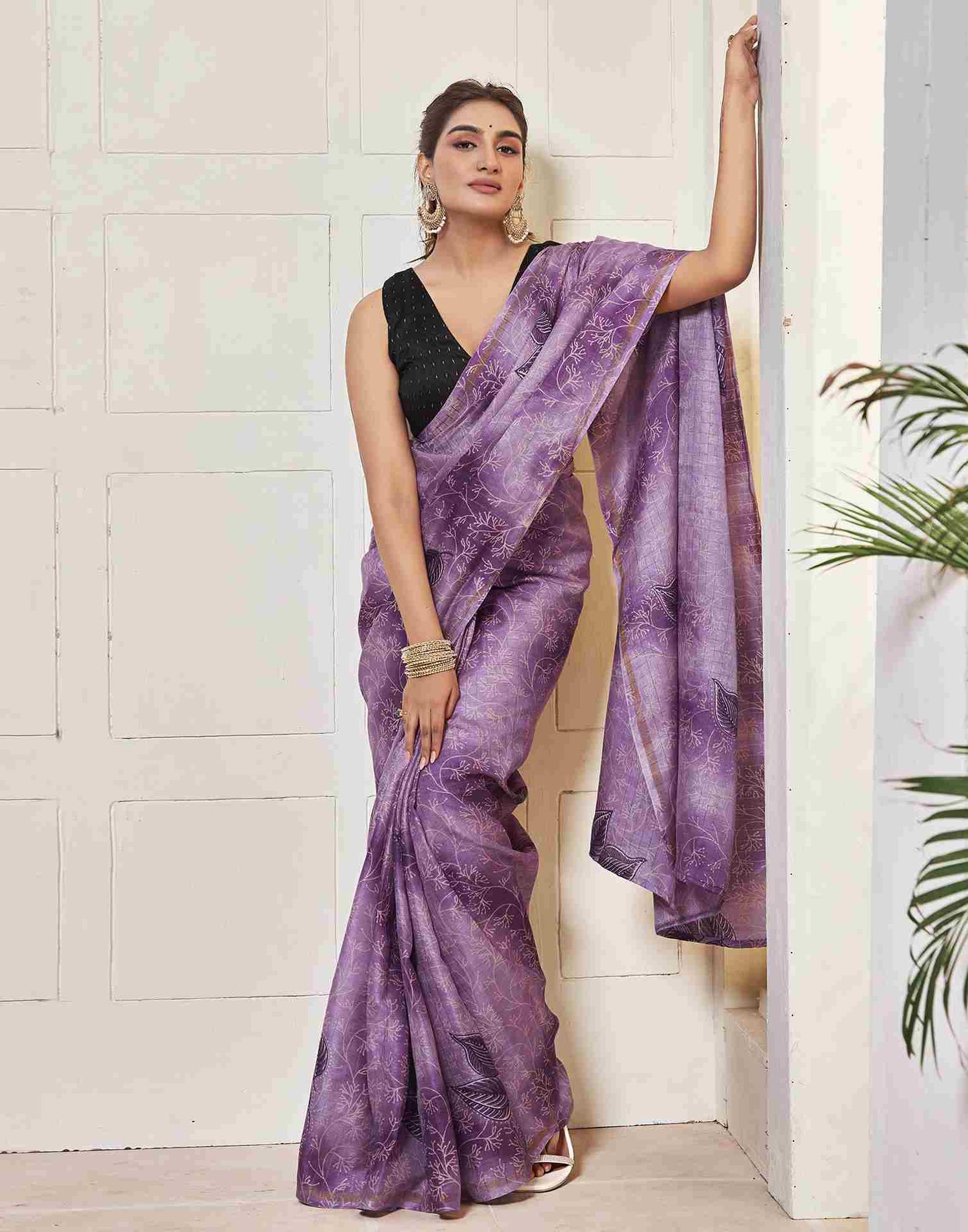 Ready To Wear Lavender Silk Printed Saree