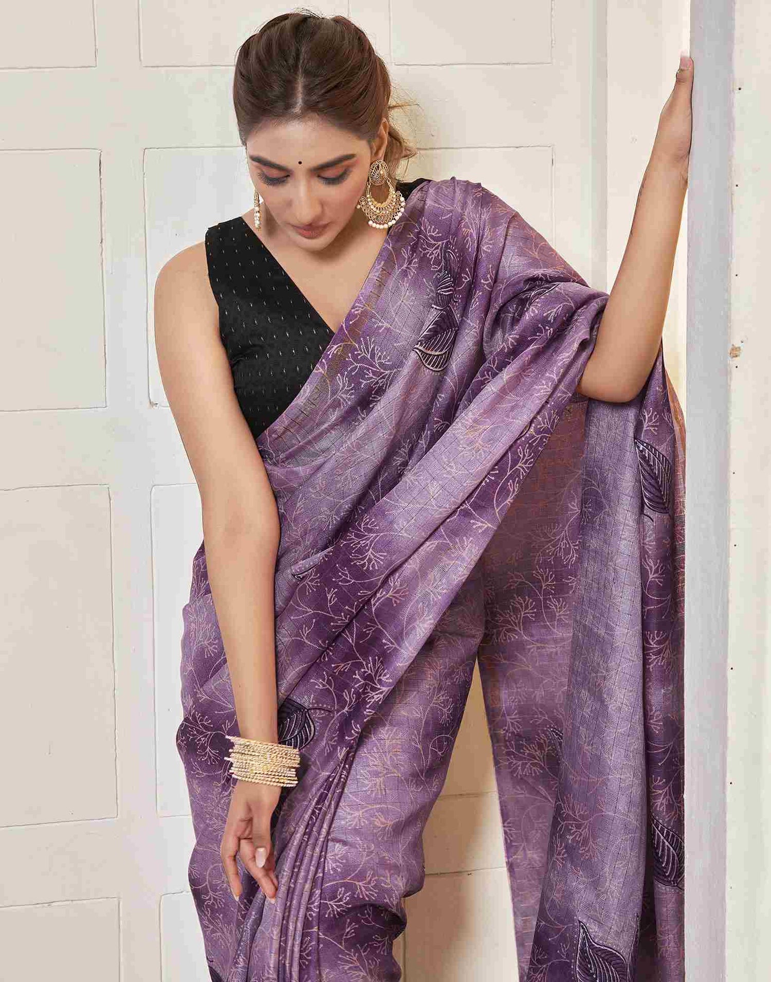 Ready To Wear Lavender Silk Printed Saree