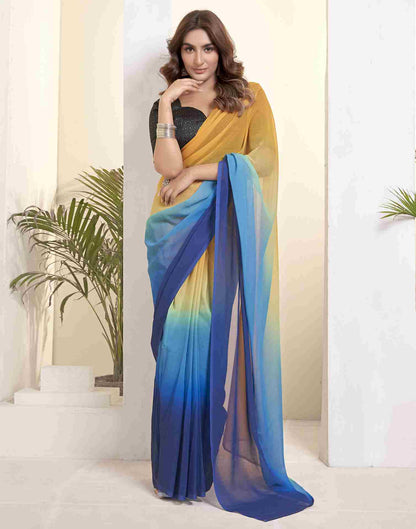 Ready To Wear Yellow Georgette Printed Plain Saree