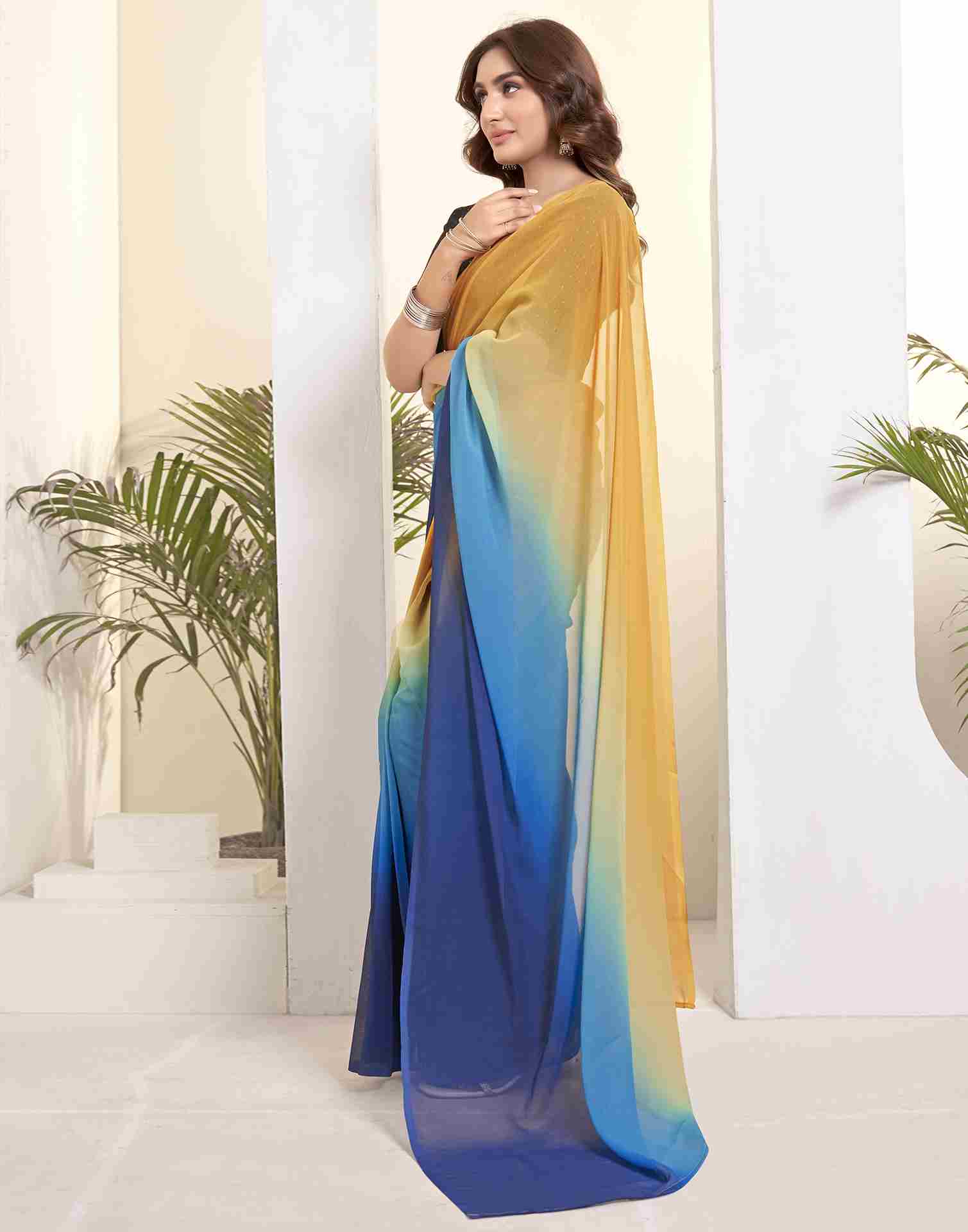 Ready To Wear Yellow Georgette Printed Plain Saree