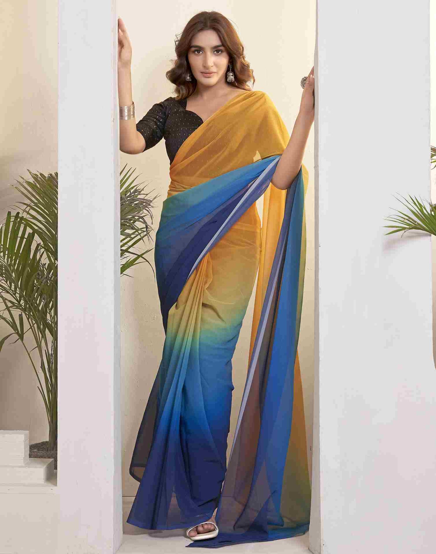 Ready To Wear Yellow Georgette Printed Plain Saree