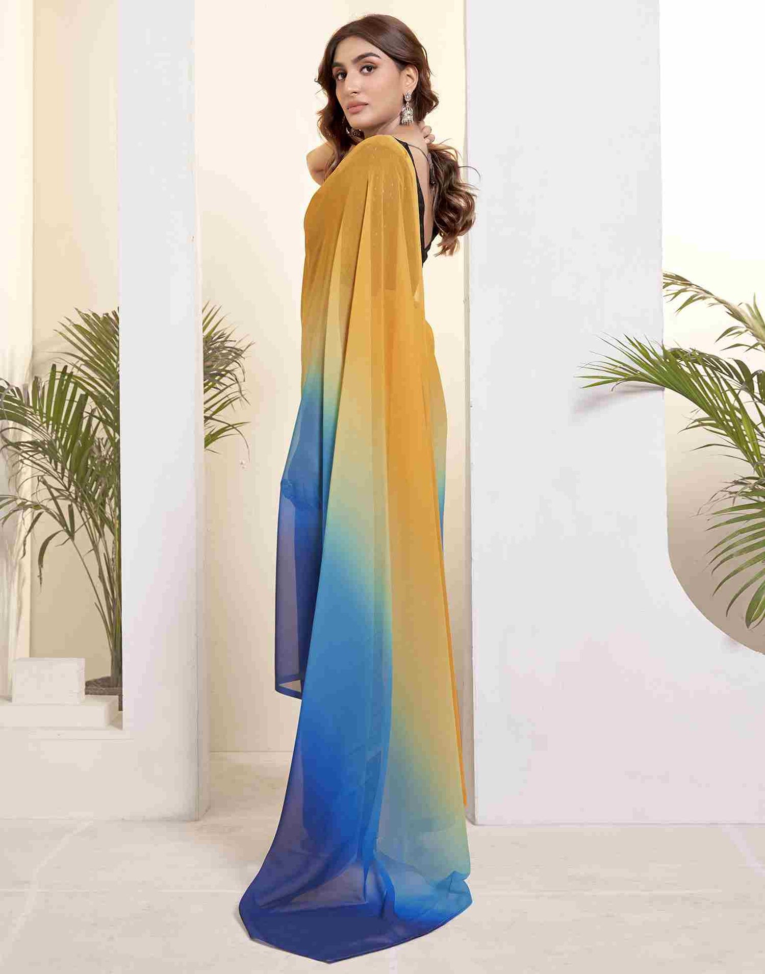 Ready To Wear Yellow Georgette Printed Plain Saree