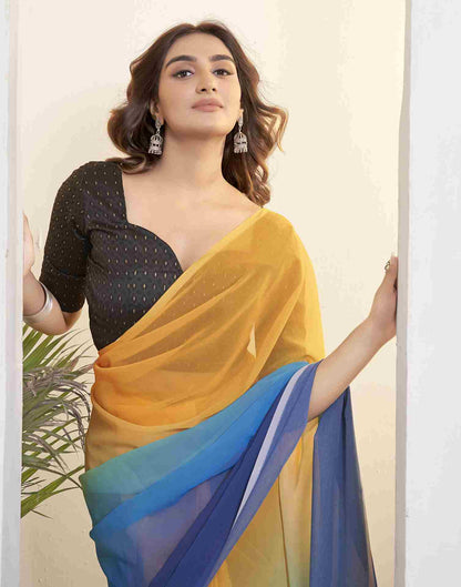 Ready To Wear Yellow Georgette Printed Plain Saree