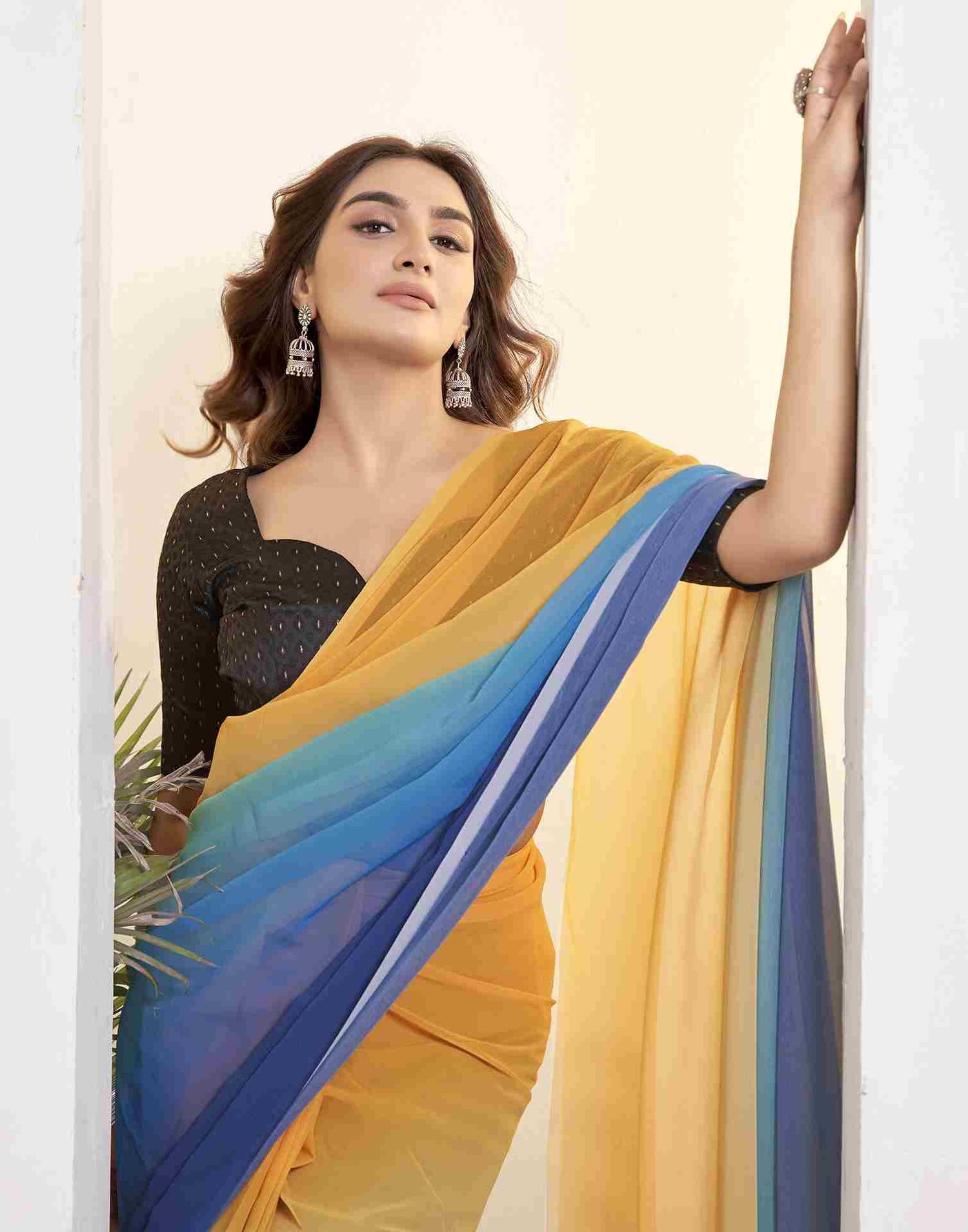 Ready To Wear Yellow Georgette Printed Plain Saree