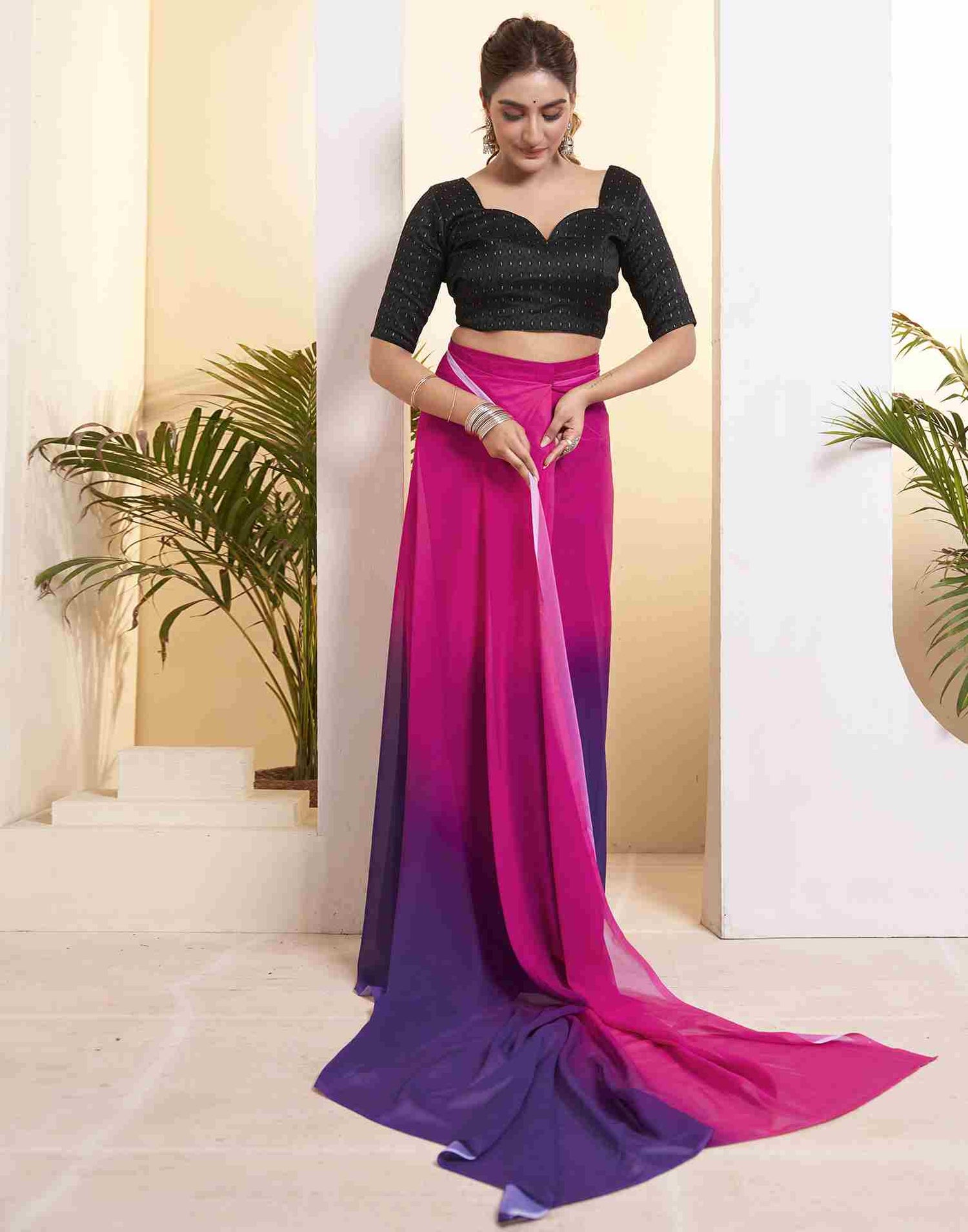 Ready To Wear Magenta Georgette Printed Plain Saree