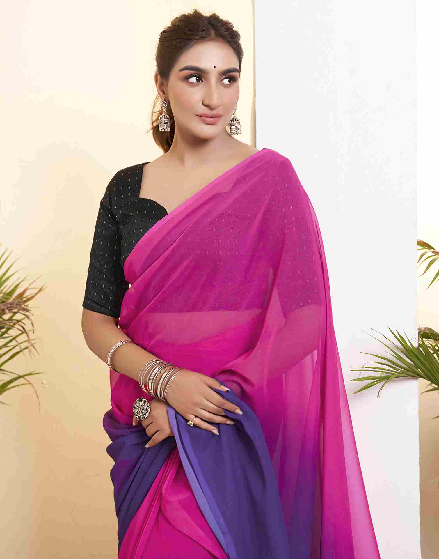 Ready To Wear Magenta Georgette Printed Plain Saree