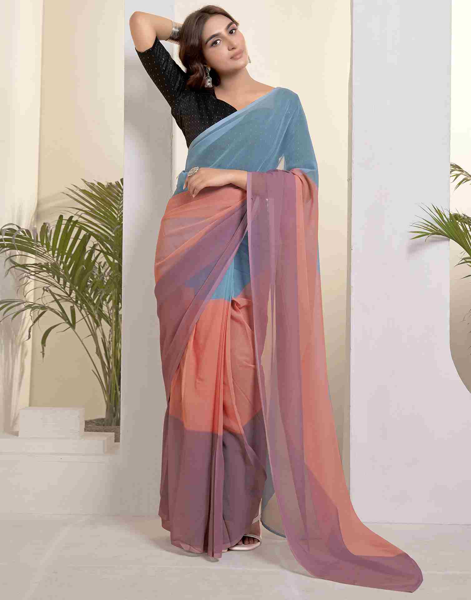 Ready To Wear Blue Georgette Printed Plain Saree