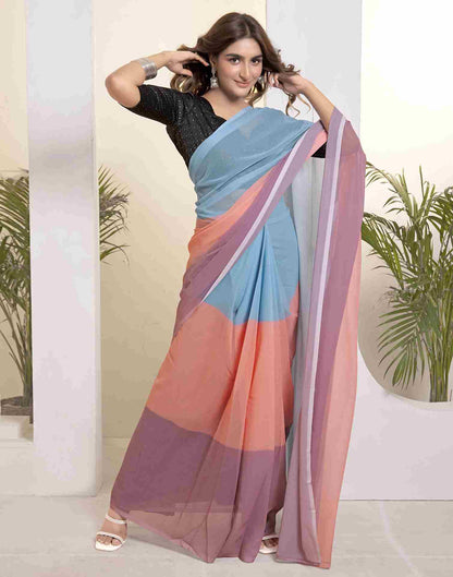 Ready To Wear Blue Georgette Printed Plain Saree