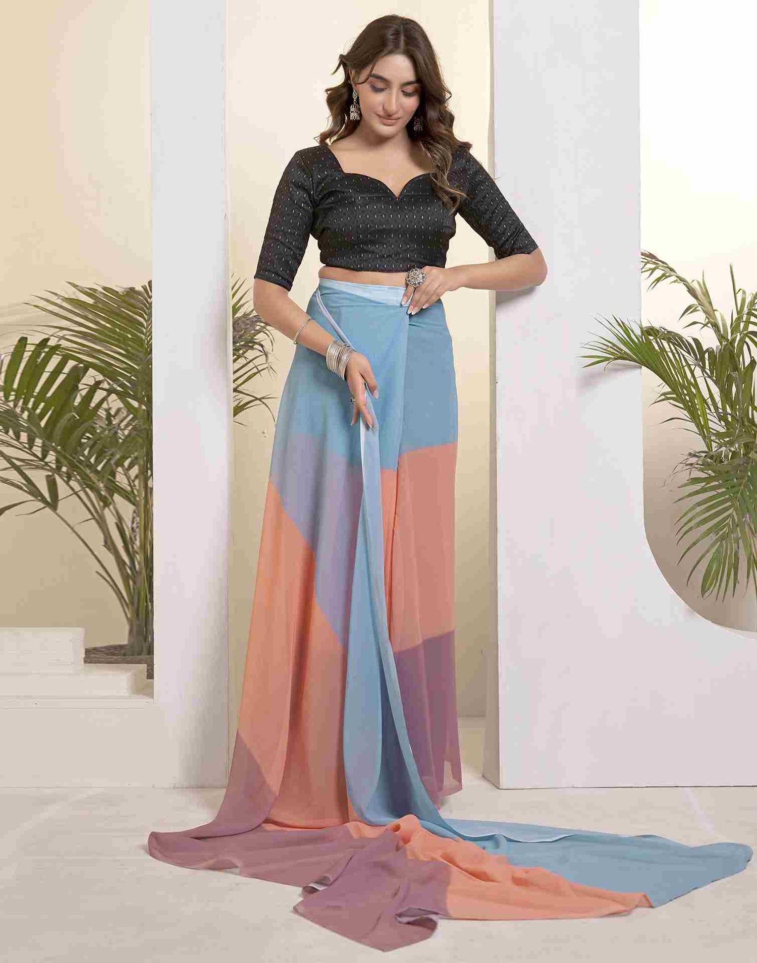 Ready To Wear Blue Georgette Printed Plain Saree