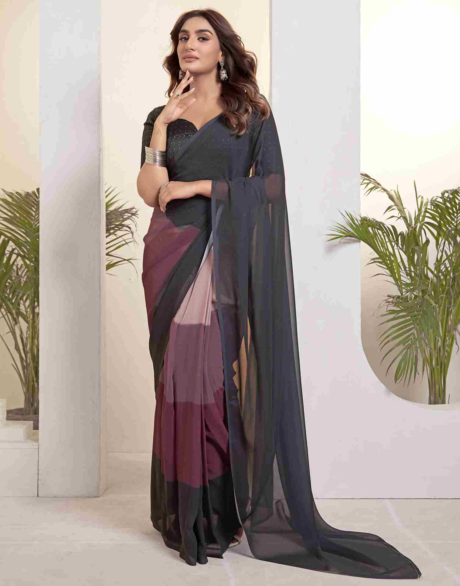 Ready To Wear Black Georgette Printed Plain Saree