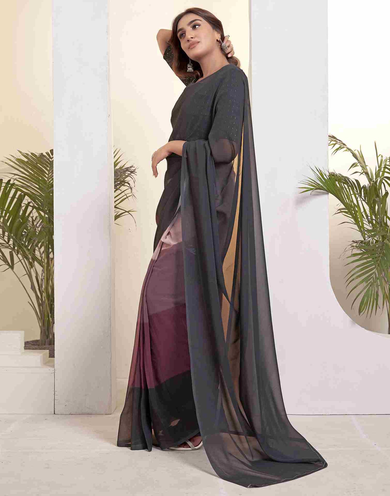 Ready To Wear Black Georgette Printed Plain Saree