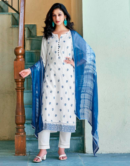 White Plain Cotton Straight Kurta Set with Dupatta