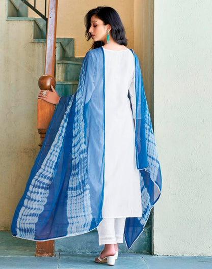 White Plain Cotton Straight Kurta Set with Dupatta