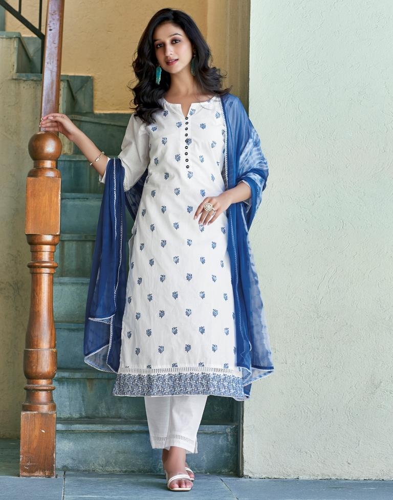 White Plain Cotton Straight Kurta Set with Dupatta