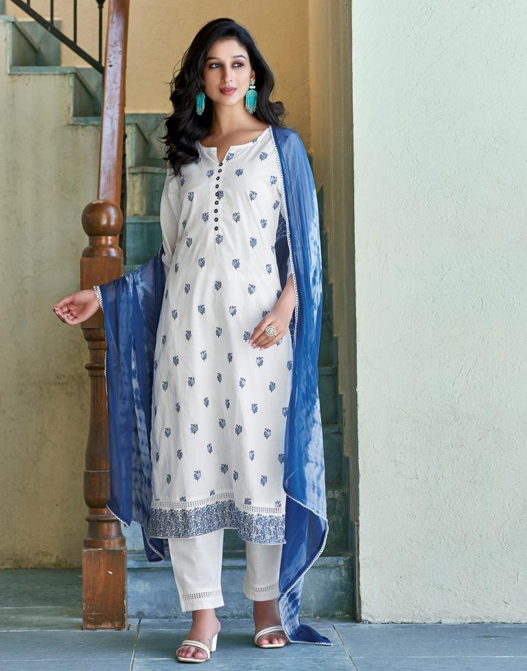 White Plain Cotton Straight Kurta Set with Dupatta