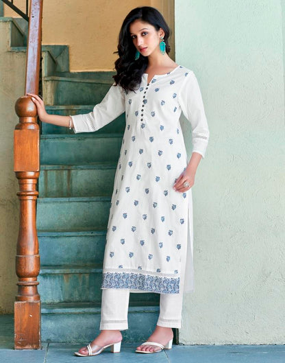 White Plain Cotton Straight Kurta Set with Dupatta