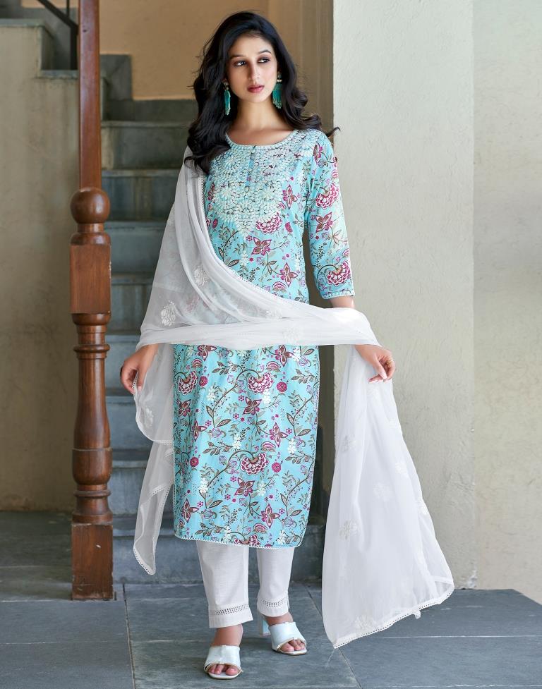 White Cotton Printed Straight Kurta Set