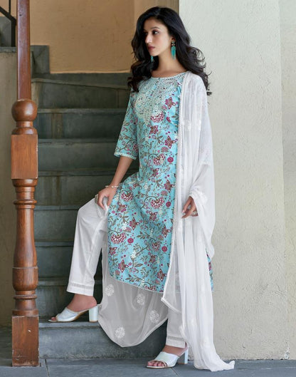 White Cotton Printed Straight Kurta Set